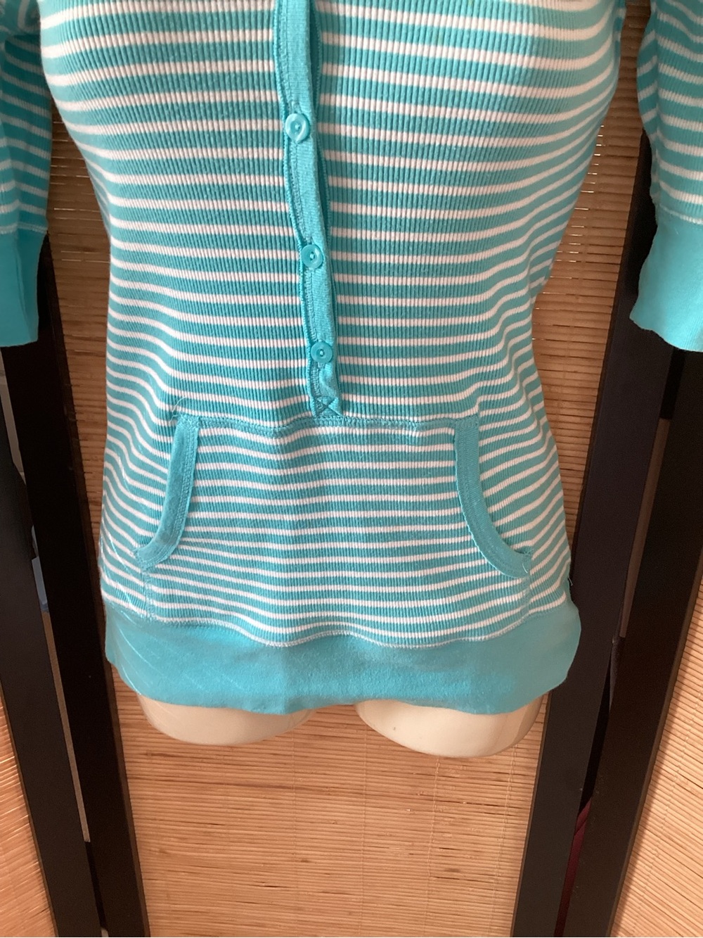 Vintage Y2K striped Henley top with hood and pocket Sz S short sleeve aqua white - Picture 4 of 9